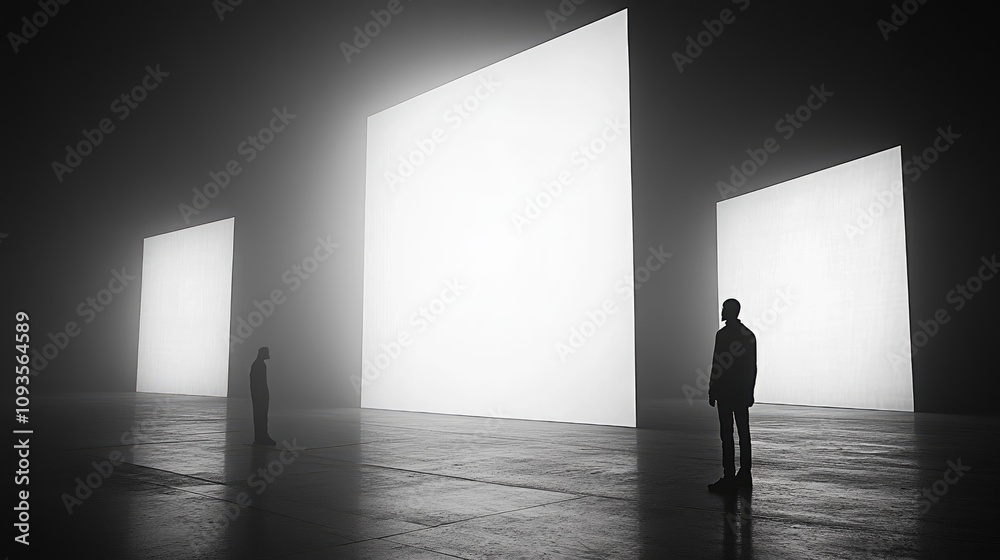 Silhouetted Figures Observe Illuminated White Panels Silhouetted Figures Observe Illuminated White Panels