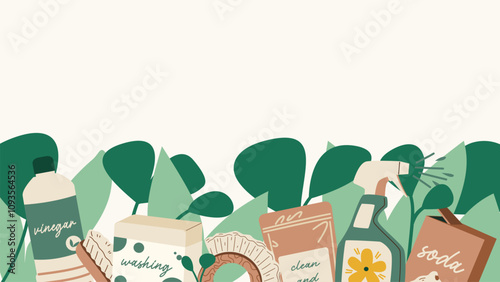 Eco household cleaning products, web-site banner design. Zero waste supplies, ecological green detergent and tools for housework.