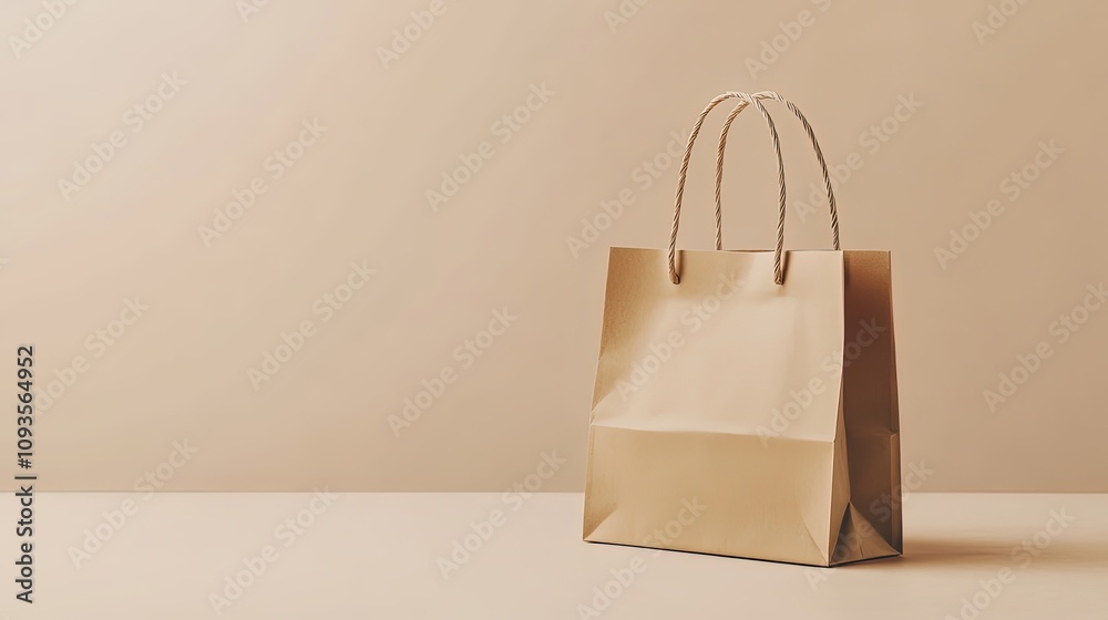 Beige paper shopping bag on beige background.