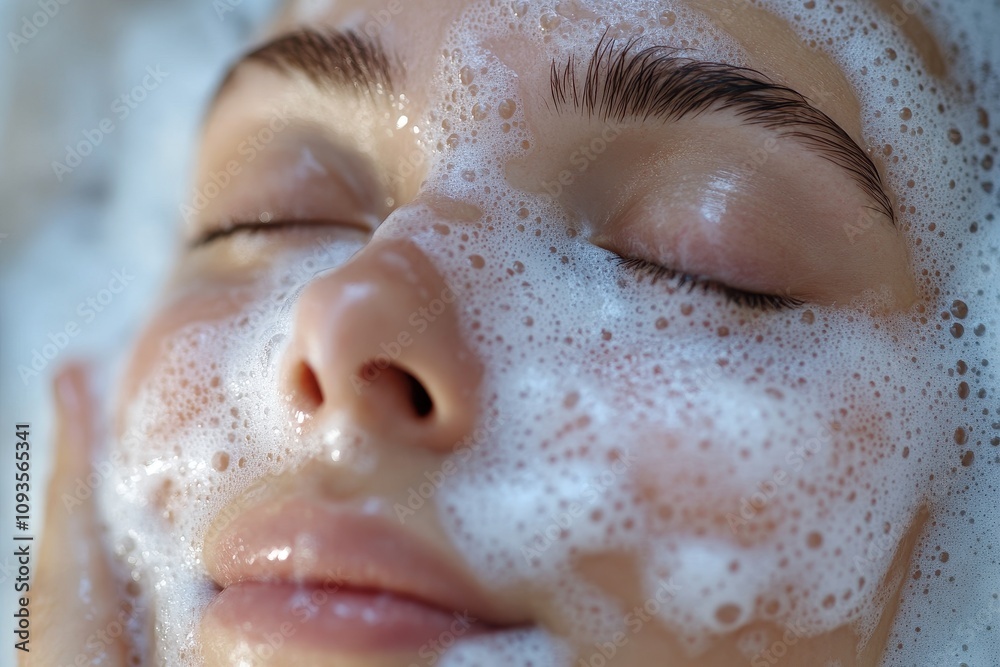 Fototapeta premium Close-up of woman washing face with foamy cleanser and smiling