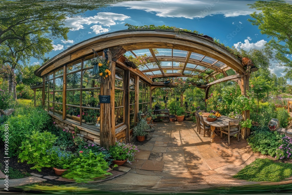 A serene garden greenhouse with lush plants and a cozy seating area. A serene garden greenhouse with lush plants and a cozy seating area.