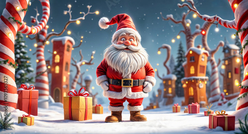 3D Christmas scene with a cheerful Santa Claus and tall, curly candy canes trees and irregular, quirky buildings in the background, decorated with bright, oversized holiday lights and garlands photo