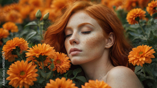 Hermosa mujer de pelo rojo durmiendo sobre grandes flores de color anaranjado
 photo