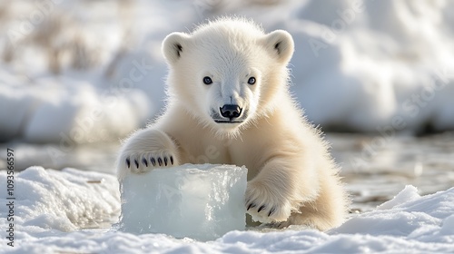 A polar bear cub playing with a block of ice near a frozen river surrounded by pristine snow photo