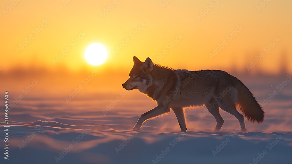 A lone wolf trotting across an open snowy landscape its silhouette standing out sharply against the horizon A lone wolf trotting across an open snowy landscape its silhouette standing out sharply against the horizon
