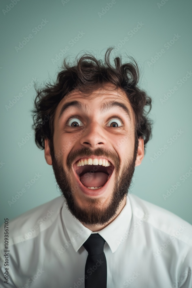 A modern man with a tie exuberantly laughing, showcasing pure joy and energy. A modern man with a tie exuberantly laughing, showcasing pure joy and energy.