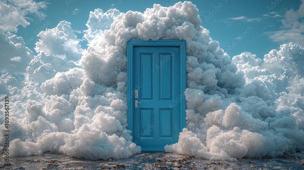 A surreal blue door surrounded by fluffy clouds, evoking a sense of mystery and wonder. A surreal blue door surrounded by fluffy clouds, evoking a sense of mystery and wonder.