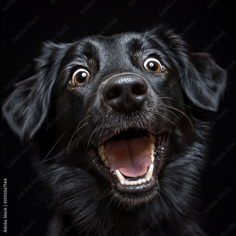 A smiling black dog captured in a moment of excitement, illustrating pure joy and affection in its expression. A smiling black dog captured in a moment of excitement, illustrating pure joy and affection in its expression.