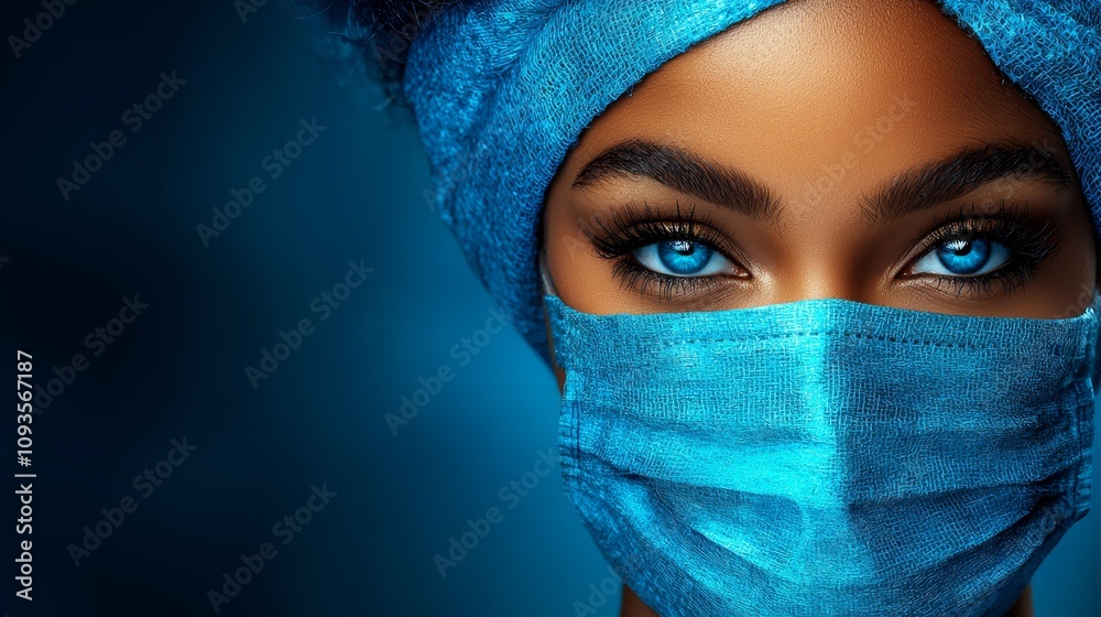 A woman wearing a surgical mask and a blue turban A woman wearing a surgical mask and a blue turban