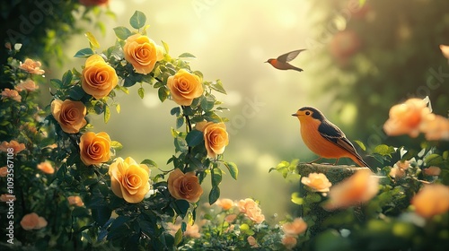 Orange Roses Encircle A Bird In A Sunny Garden