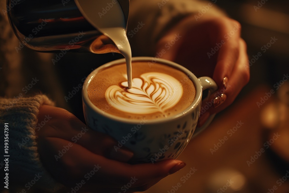 A cozy and inviting image of a barista pouring milk into a coffee cup, creating intricate latte art