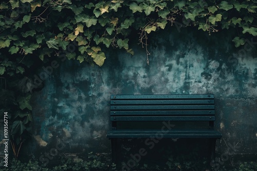 A solitary bench rests under a canopy of ivy, inviting contemplation in a tranquil, natural setting.