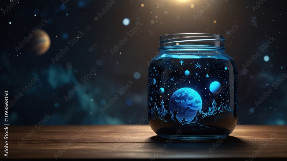 Here's a and keyword list suitable for stock photo submission.. Miniature cosmos inside a glass jar on wooden surface. Here's a and keyword list suitable for stock photo submission.. Miniature cosmos inside a glass jar on wooden surface.