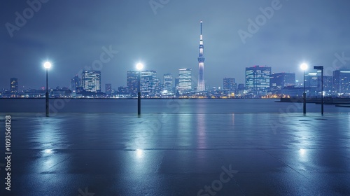 A serene night view of a city skyline with a prominent tower and reflections on wet pavement.