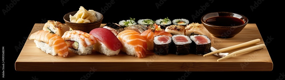 Assorted Sushi Platter With Soy Sauce And Chopsticks Assorted Sushi Platter With Soy Sauce And Chopsticks