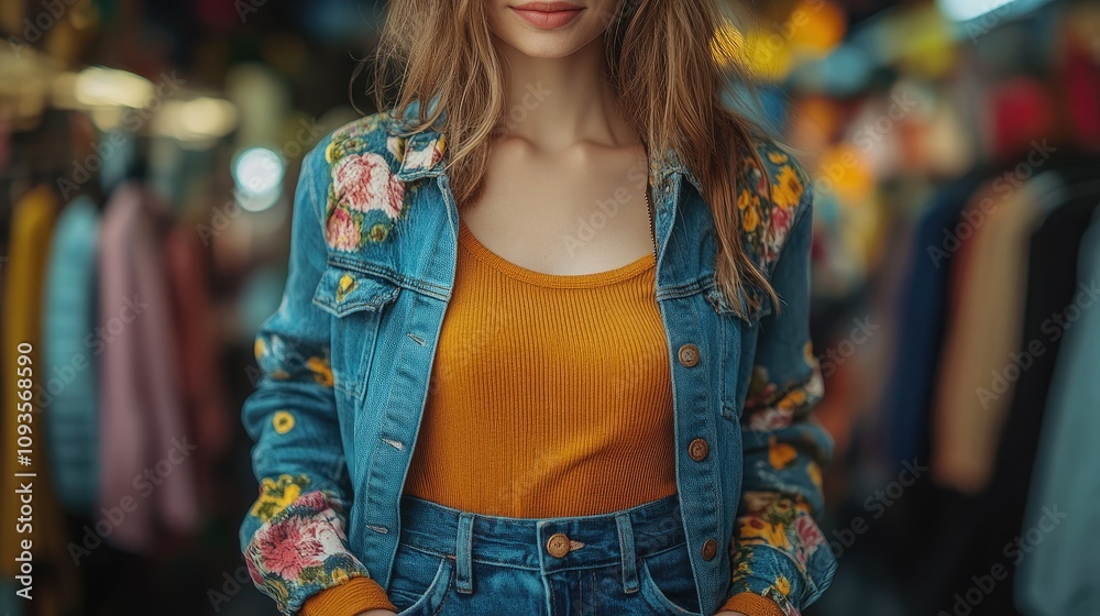 Fototapeta premium A young woman in a floral denim jacket poses in a vibrant clothing store.