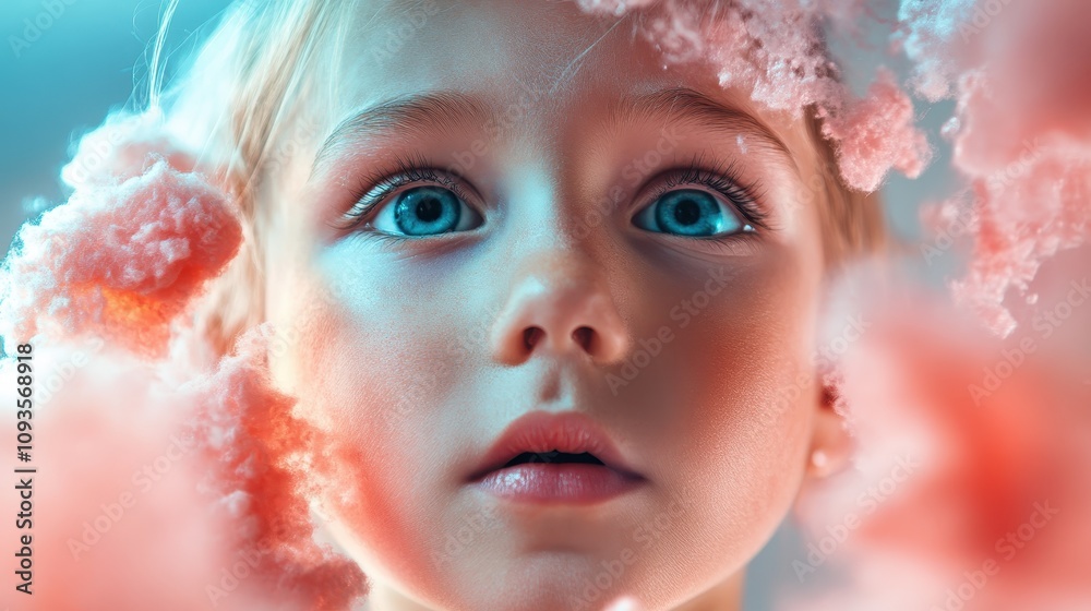 A wonderstruck child, surrounded by ethereal cotton candy clouds, looks upward, embodying the essence of innocence and imagination in a surreal, dreamy scene.