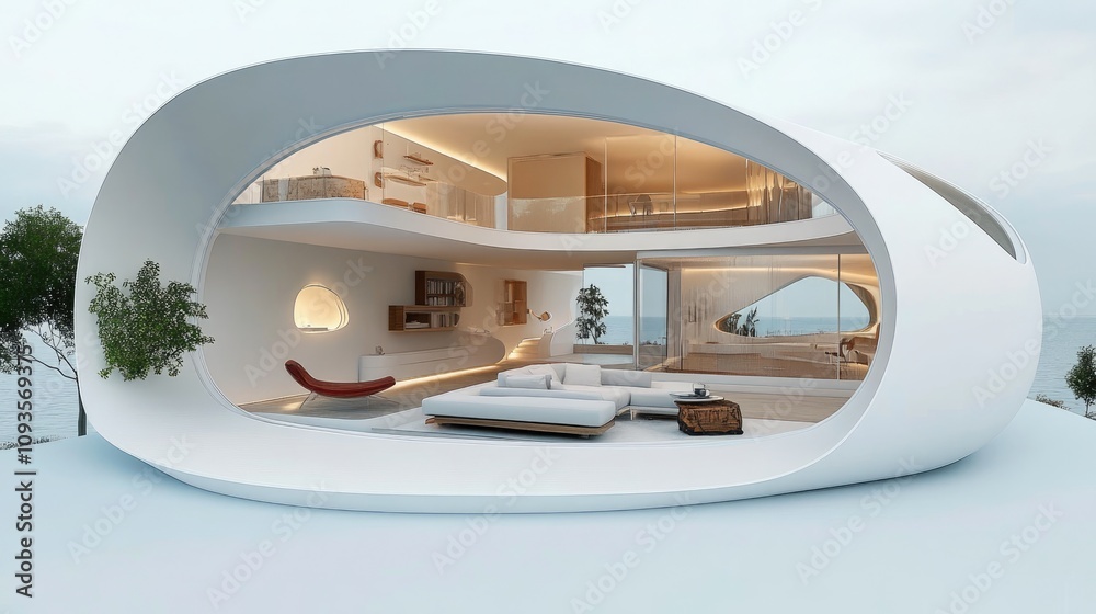 Fototapeta premium Modern, futuristic white house with ocean view, open floor plan, minimalist interior design.