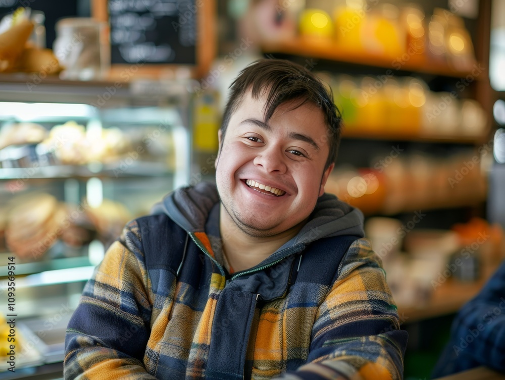 A young man with Down syndrome smiles warmly while serving customers in a welcoming café. A young man with Down syndrome smiles warmly while serving customers in a welcoming café.