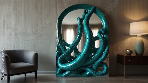 Here's a description and keywords for your image.. Teal octopus sculpted mirror reflects modern living room. photo