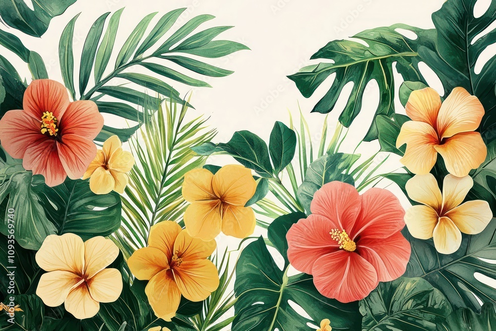 Naklejka premium Floral art design capturing lush greenery and vibrant blossoms, ideal for refreshing wall decor