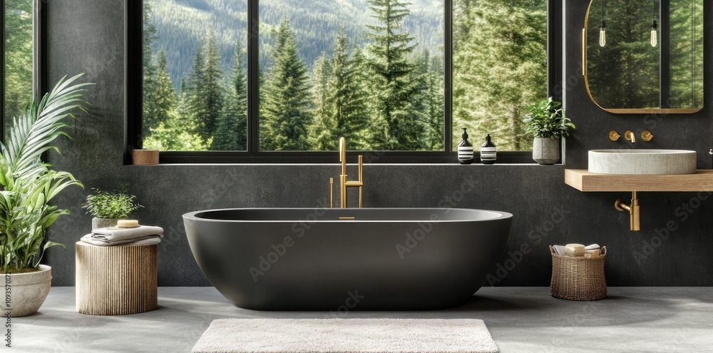 Modern bathroom featuring a freestanding tub with a scenic forest view. Modern bathroom featuring a freestanding tub with a scenic forest view.