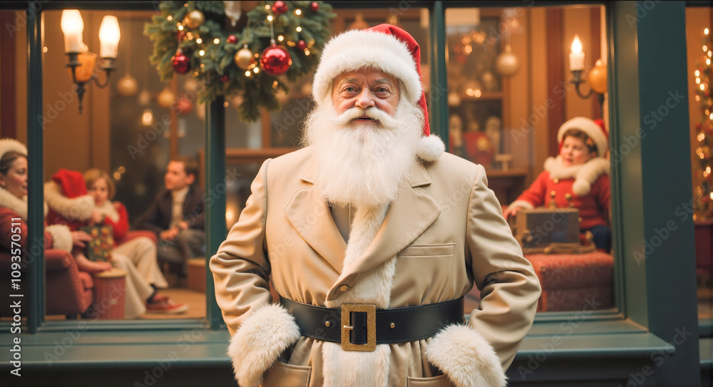 Santa Claus welcomes visitors outside a festive holiday display in a charming winter setting Santa Claus welcomes visitors outside a festive holiday display in a charming winter setting