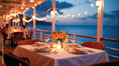 Romantic dining experience on a cruise ship at sunset with ocean views and elegant table settings