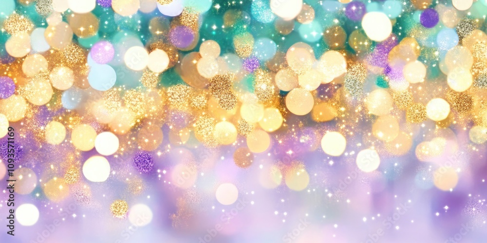 Mardi Gras background with green, purple, and gold glitter covering a festive street scene Mardi Gras background with green, purple, and gold glitter covering a festive street scene