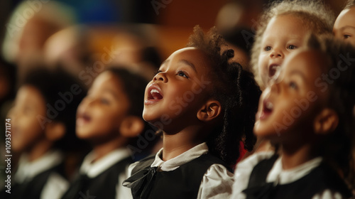 Photo of children singing in church choir, close up, singing, kids performing on stage, singer, girls and boys singing at school concert, african american musician