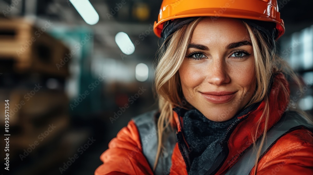 A confident female worker with a bright smile, wearing an orange safety helmet and vest, standing inside an industrial environment, showcasing gender diversity in labor. A confident female worker with a bright smile, wearing an orange safety helmet and vest, standing inside an industrial environment, showcasing gender diversity in labor.