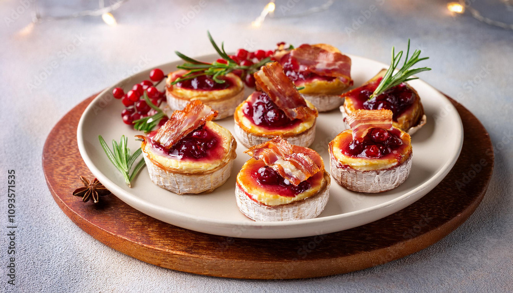 Mini versions of baked brie, topped with cranberry sauce and often wrapped in bacon