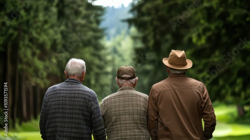 Three elderly men, dressed in casual jackets and hats, stroll together down a path surrounded by tall, verdant trees, evoking themes of friendship and longevity.