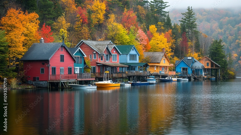 A picturesque lakeside showcasing quaint, colorful houses reflecting on calm waters, surrounded by vibrant autumn foliage providing a serene and enchanting setting. A picturesque lakeside showcasing quaint, colorful houses reflecting on calm waters, surrounded by vibrant autumn foliage providing a serene and enchanting setting.