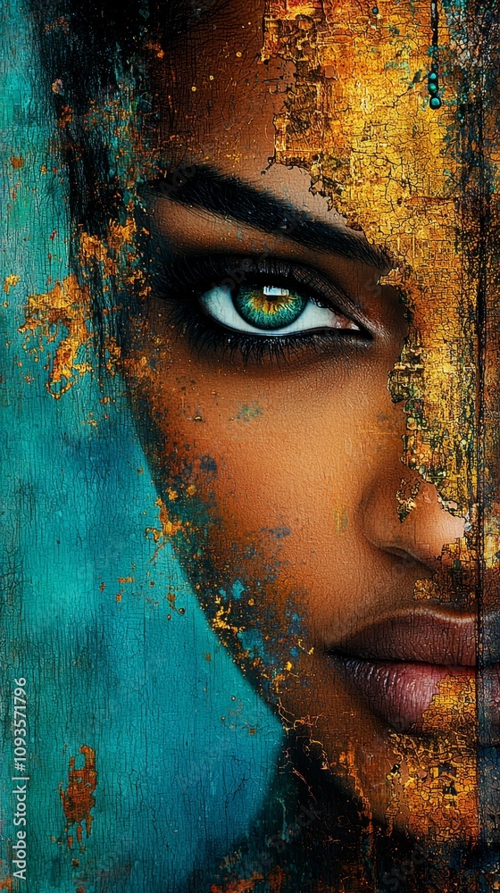 A close up of a woman's face with blue and yellow paint A close up of a woman's face with blue and yellow paint