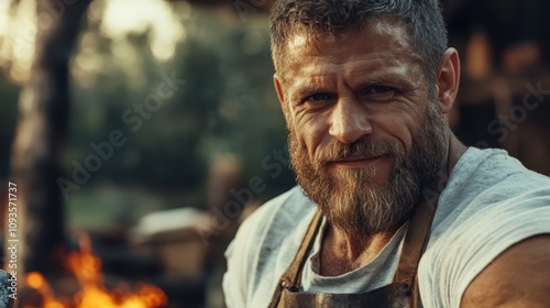 A bearded man in a rugged setting sitting near a fire, wearing an apron, exuding confidence. The background features an out-of-focus natural environment.