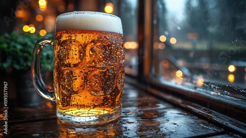 Frosty lager in a stein, condensation visible, set in a cozy rustic pub atmosphere.Close-up of frosty lager in a stein, rustic pub backdrop enhancing the charm. photo