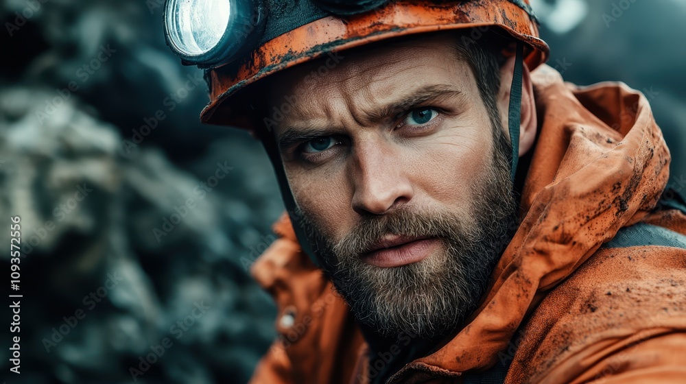 A determined miner, wearing a headlamp and rugged safety gear, gazes intensely while navigating the rocky, dimly-lit terrain of a tough mining environment. A determined miner, wearing a headlamp and rugged safety gear, gazes intensely while navigating the rocky, dimly-lit terrain of a tough mining environment.