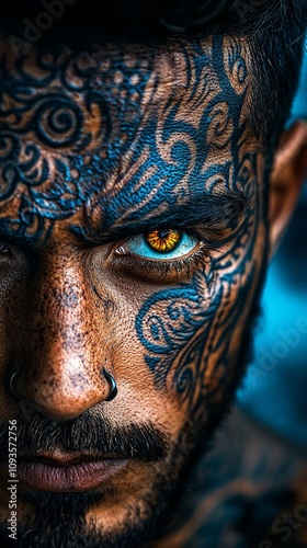 A man with blue eyes and tattoos on his face