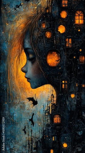 A painting of a girl with a city in the background