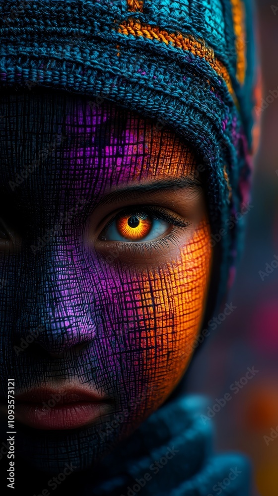 A close up of a woman's face with bright orange eyes A close up of a woman's face with bright orange eyes