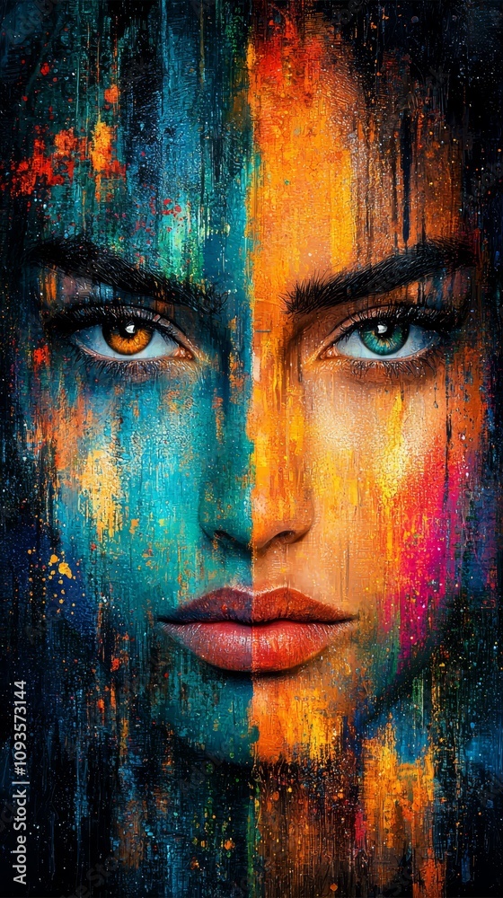 a close up of a woman's face with colorful paint on it a close up of a woman's face with colorful paint on it