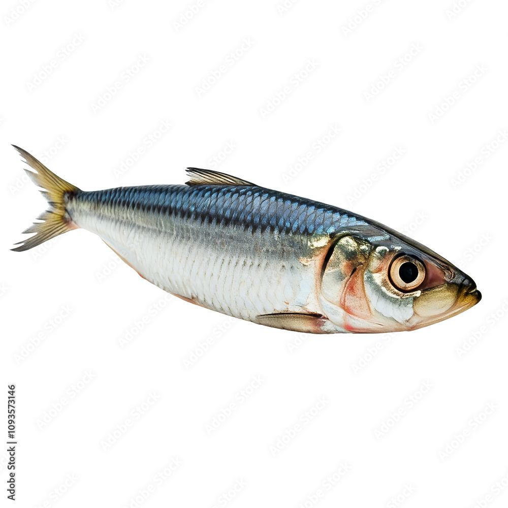 A solitary sardine isolated against a white background, showcasing its streamlined body and shimmering scales A solitary sardine isolated against a white background, showcasing its streamlined body and shimmering scales