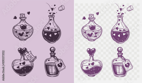 Love potion, elixir in a bottle, sketch illustration, one color, shapes, hand drawn vector