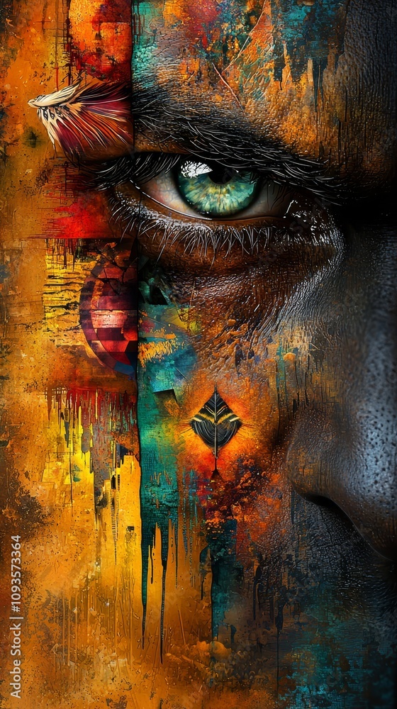 A close up of a man's face with a colorful eye A close up of a man's face with a colorful eye