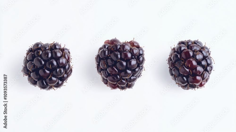 Three blackberries arranged on a white background, showcasing their texture and color. Three blackberries arranged on a white background, showcasing their texture and color.
