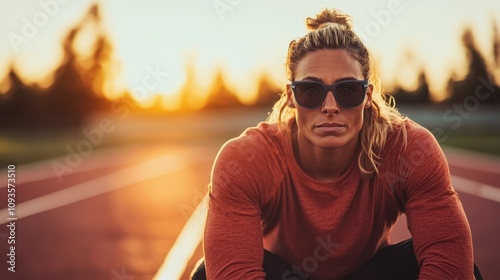 An athlete with sunglasses and a serious expression prepares on a track under the warm glow of the setting sun, exemplifying readiness and confidence. photo