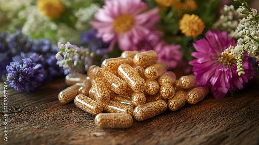 A collection of herbal capsules displayed on a rustic surface surrounded by a colorful bouquet of purple, pink, and yellow flowers, evoking natural health and wellness. A collection of herbal capsules displayed on a rustic surface surrounded by a colorful bouquet of purple, pink, and yellow flowers, evoking natural health and wellness.