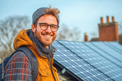 Entrepreneur smiling while standing on a rooftop next to solar panels photo