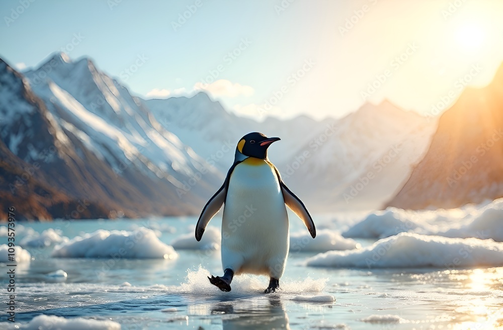 Obraz premium Penguin walking on north landscape, iceberg in the background.